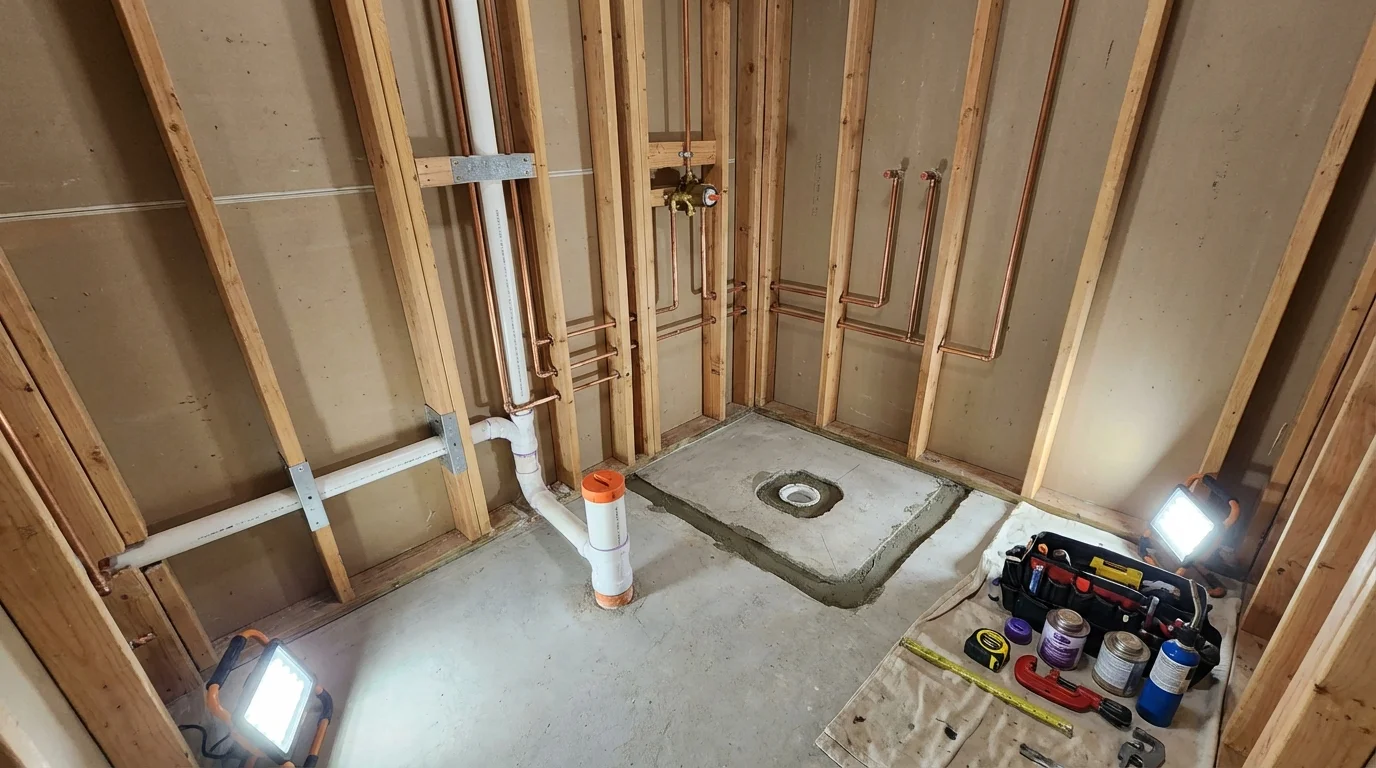 Bathroom rough-in plumbing during remodel by Johns Plumbing LLC in Grosse Ile