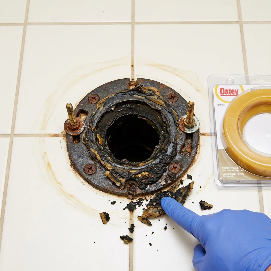 Failed wax ring showing water seepage at the base of a toilet in a Grosse Ile, MI home