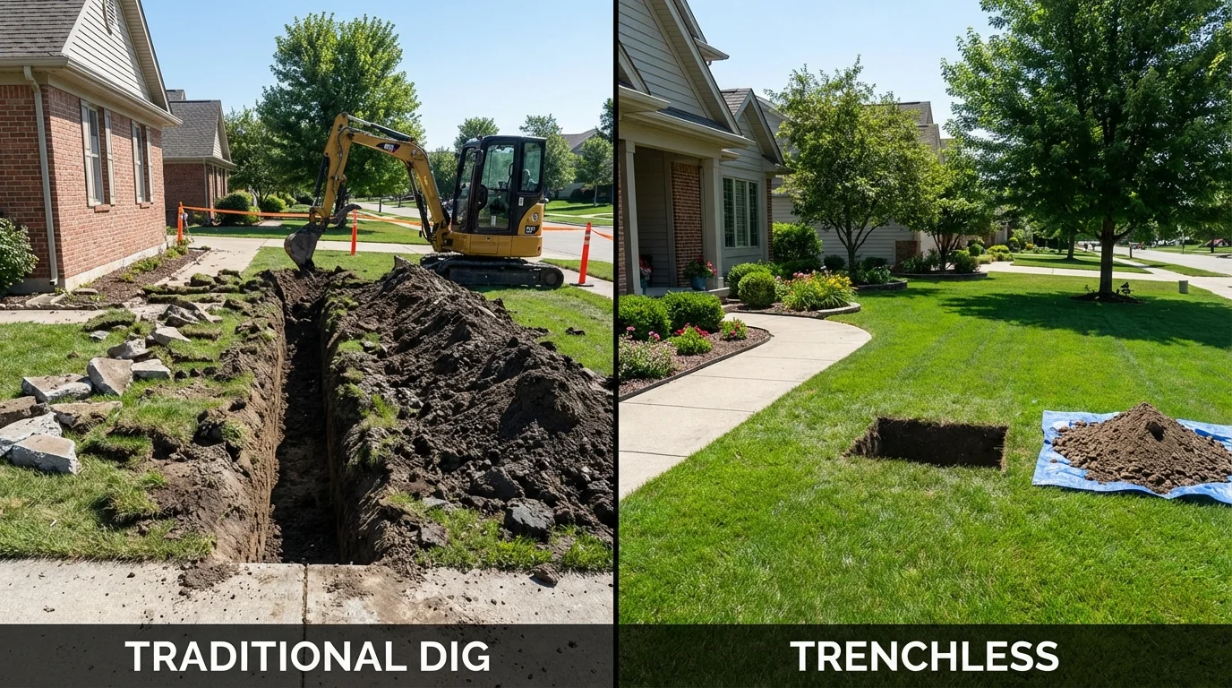 Trenchless sewer repair with minimal yard damage versus traditional excavation in Grosse Ile, MI
